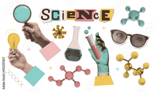 Biotechnology vintage monochrome halftone collage design elements set isolated on transparent background. Scientist hands holding chemistry glassware, test tubes, loupe, lightbulb. Vector