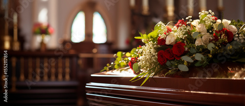 Funeral ceremony graphic, coffin, flowers.
