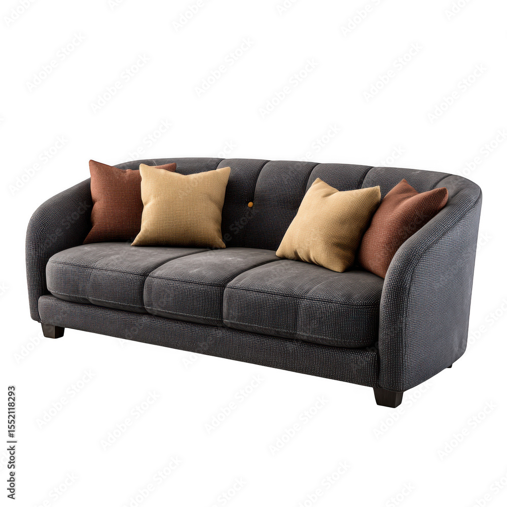 Fototapeta premium Dark gray sofa with pillows isolated on transparent background