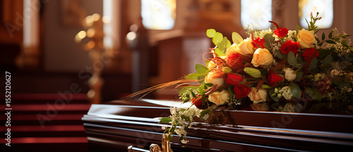 Funeral ceremony graphic, coffin, flowers.
