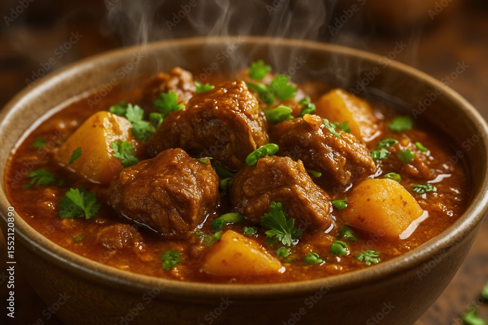 Rich Beef and Potato Curry Steaming in Rustic Bowl with Fresh Herbs Rich Beef and Potato Curry Steaming in Rustic Bowl with Fresh Herbs