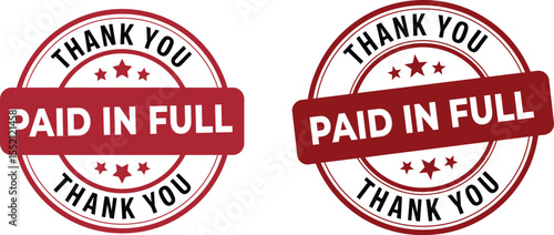 Two red circular stamps with the words paid in full and thank you signifying payment completion and gratitude
