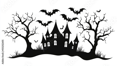 Halloween haunted house with bats and trees vector black silhouette on white background, halloween clip art illustrations, simple, white background, no shadows, clipart style, simple design, minimalis