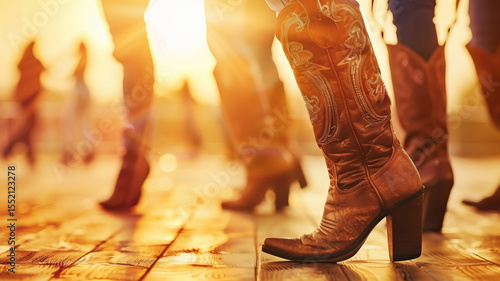 Golden Hour Country Boots:  Women Brown Leather Cowboy Boots at Sunset Dance. Contra Line Dancing Boots silhouette. Country Western Dancing Couple at Sunset. Country bar dancing low angle shot 