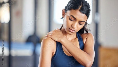 Free Download Woman experiencing shoulder pain after workout gym fitness health. - GFXLoad