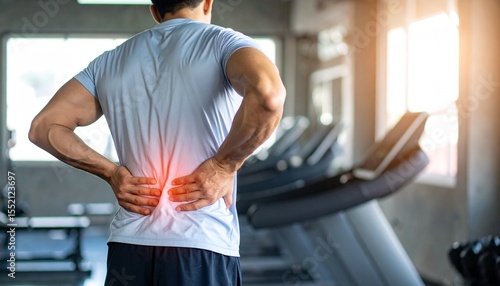 Man Experiencing Lower Back Pain in Gym Setting.