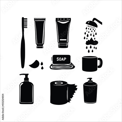 Bathroom Essentials Silhouette Vector Set – Toothbrush, Soap, Lotion, and Shower Items in Minimal Style
