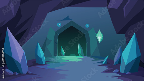 Mysterious cave entrance with crystals in a dark and enchanting scene