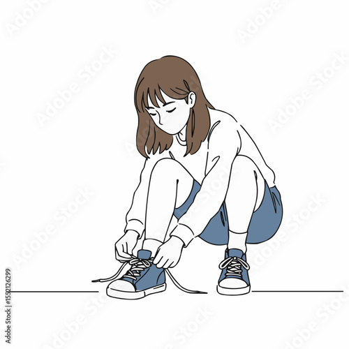 Girl tying shoelaces while sitting on the floor in casual outfit  