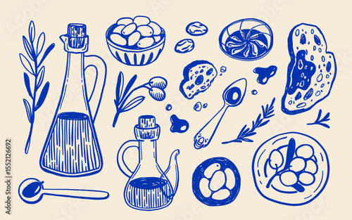 Rustic Olive Oil Collection, Blue Hand Drawn Illustrations of Olive Bottles, Olives, Herbs, Bread and Oil Drops on Beige Background. Mediterranean Kitchen Decor in Line Art Style