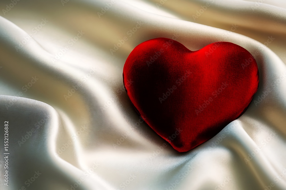 Fototapeta premium A soft red velvet heart resting on a silky fabric with elegant lighting and shadows.