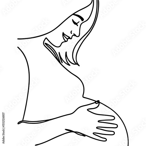 Pregnant woman caressing her baby bump. Mother lovingly touching her belly.  Expectant mother line art illustration perfect for pregnancy announcements or maternity websites.