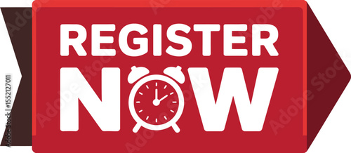 Bold and Urgent Red Ribbon Design Promoting Immediate Registration with an Alarm Clock Icon Embedded in the Word Now