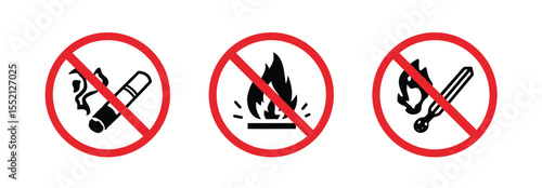 set of Signs prohibiting lighting fire, cigarettes and matches. Round label on white background