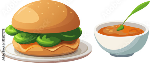 Steaming vada pav with green chili and chutney, white background