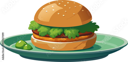 Steaming vada pav with green chili and chutney, white background