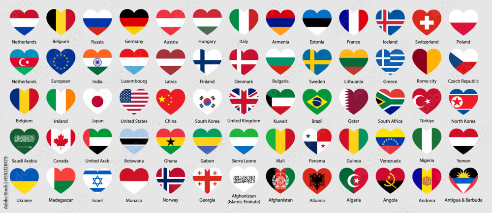 Fototapeta premium Heart-shaped flags of 65 countries showing unity, peace, and cultural love. A colorful, flat vector icon set perfect for travel, world, or global theme design. Vector illustration.