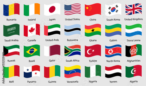 Collection of world country flags in waving style. International country flags icon set. Flat vector icon set featuring 28 waving national flags including USA, UK, China, India, Brazil, and more.