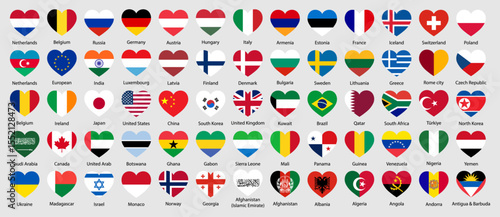 Heart-shaped flags of 65 countries showing unity, peace, and cultural love. A colorful, flat vector icon set perfect for travel, world, or global theme design. Vector illustration.