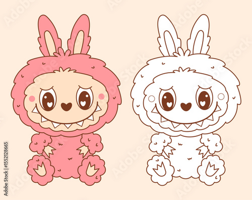 Cute Monster Pink Toy set. Funny kawaii character. Isolated Color and Outline linear hand drawing. Vector illustration. Kids collection. Coloring book