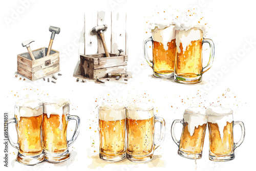 Watercolor illustrations of beer mugs and tools on white background  