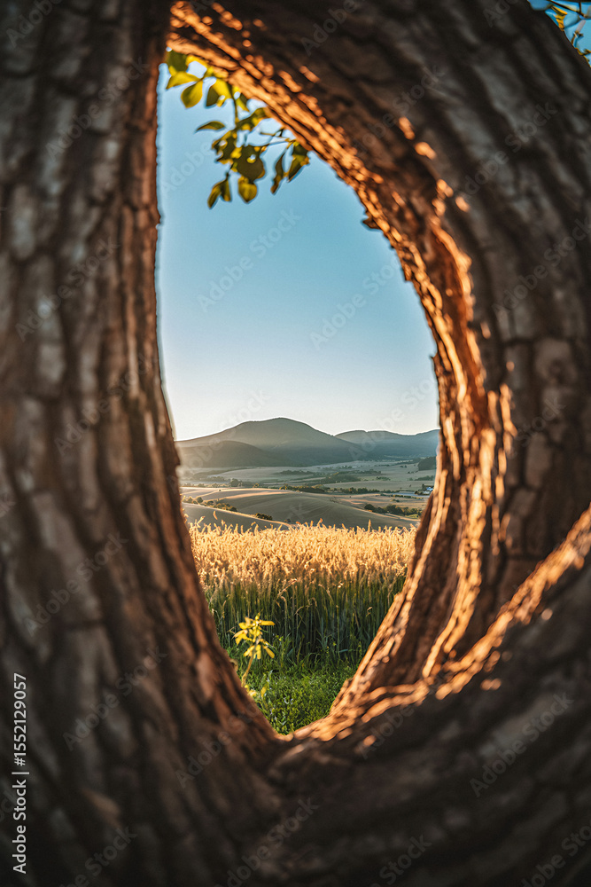 Fototapeta premium Golden wheat field viewed through a tree trunk opening at sunset