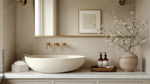  Elegant bathroom with modern oval sink and neutral tones in natural light setting