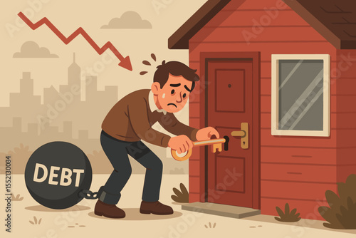 Mortgage struggle and housing debt burden. Stressed man chained to a debt ball trying to unlock his house. Financial crisis, foreclosure risk, and real estate market recession concept.
