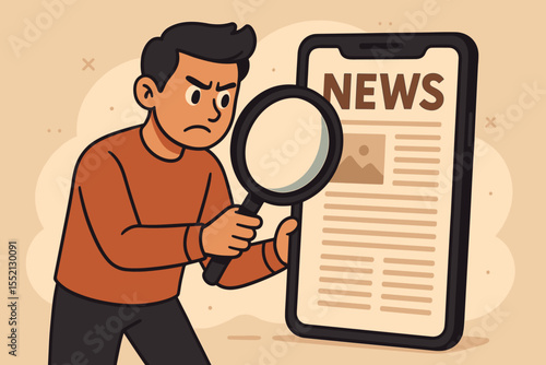 Serious man scrutinizing digital news on smartphone with magnifying glass, fact checking, media analysis, fake news detection, misinformation verification concept illustration