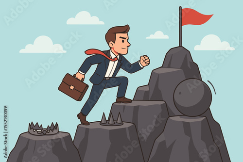 Business challenge and success concept. Determined cartoon manager climbs a mountain, overcoming obstacles and risks. Metaphor for career path, ambition, and achieving goals. Vector.