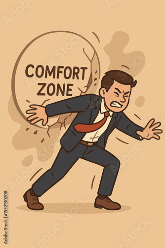 Breaking comfort zone concept. Businessman pushing wall, struggling to overcome habits and routine. Personal growth metaphor. Challenge for change and self-improvement vector.