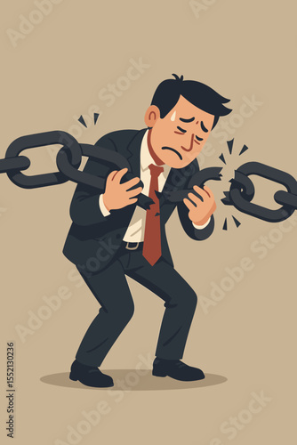 Businessman holding a broken chain metaphor for business failure. Stressed manager struggling with debt and investment loss. Financial crisis and bankruptcy concept. Weak link vector.
