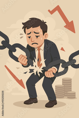 Financial crisis metaphor with a stressed businessman holding a broken chain. Conceptual illustration of business failure, bankruptcy, debt, investment loss, and a weak link. Market downturn.