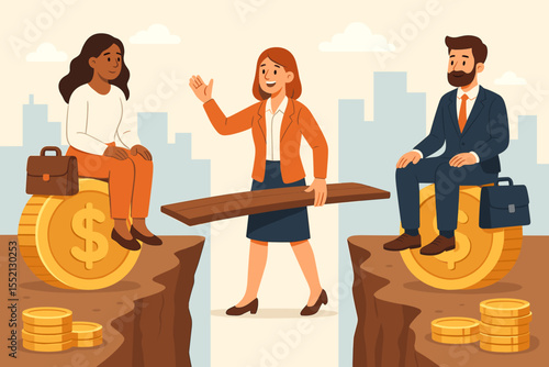 Gender pay gap metaphor. Businesswoman bridging the financial divide for salary equality. Vector concept of wage disparity, fair compensation, workplace feminism, and inclusion.