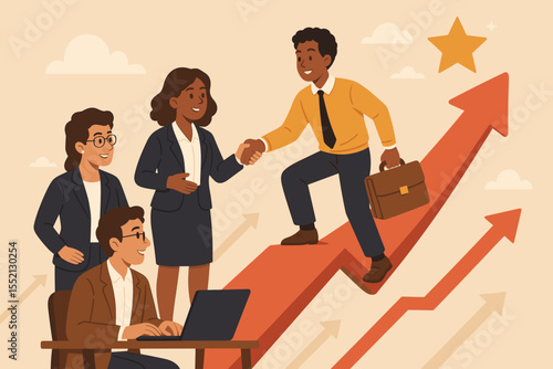 Career growth teamwork concept. Diverse business people helping colleague climb success arrow. Mentorship and support for employee promotion, development, and job advancement.