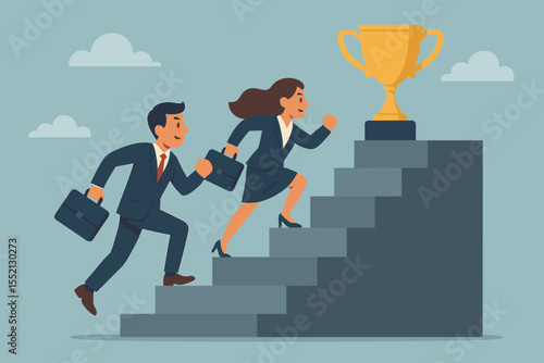 Business competition concept with employees racing up the career ladder. Man and woman running on stairs toward a golden trophy. Metaphor for rivalry, success, and achievement.