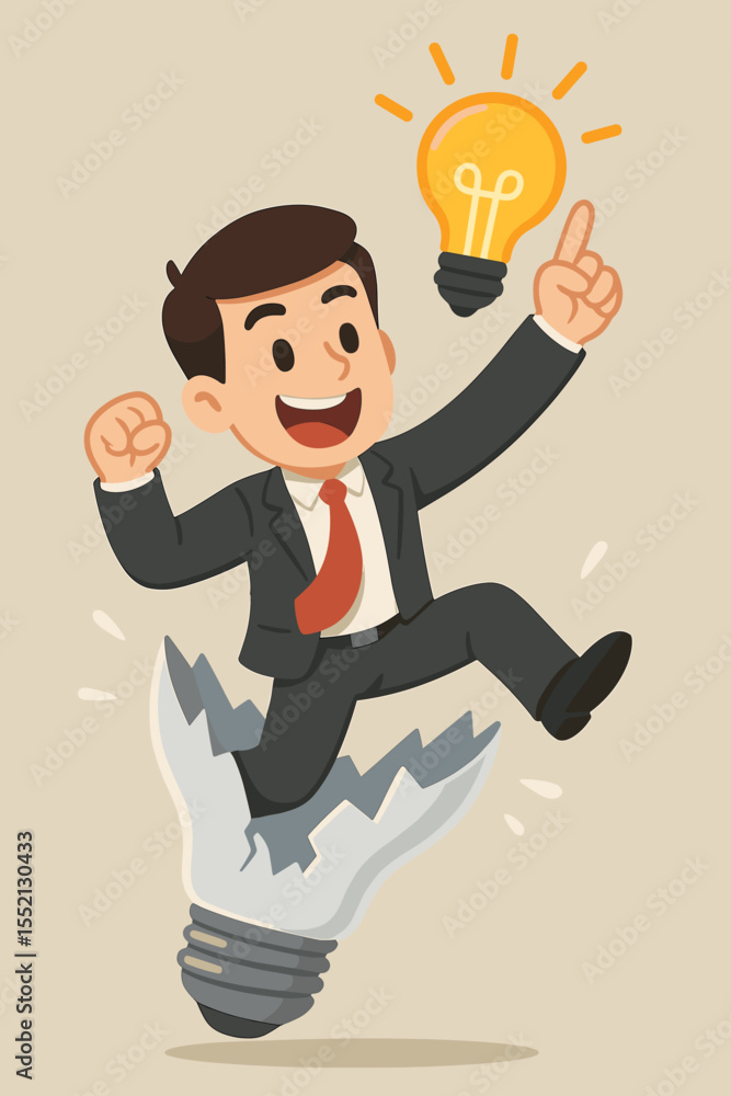 Businessman jumping out of a broken light bulb with a new idea. Business concept for breakthrough, innovation, and creative thinking. Success, solution, and entrepreneurship metaphor. Businessman jumping out of a broken light bulb with a new idea. Business concept for breakthrough, innovation, and creative thinking. Success, solution, and entrepreneurship metaphor.