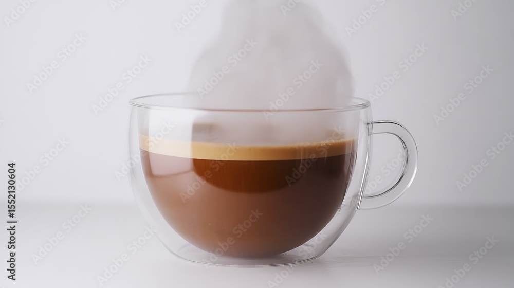 A transparent glass cup filled with rich espresso, with steam rising delicately against a pristine white background.