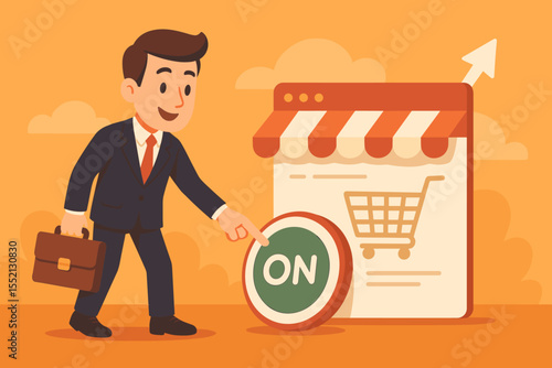 Businessman launching online store pressing on button. Start up company concept. Entrepreneur opening e-commerce shop. Digital business initiation. Retail marketing vector illustration