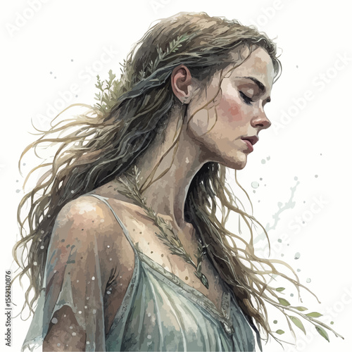 Realistic vector of a water nymph with wet hair and translucent dress. Calm mystical mood, watercolor and charcoal textures.