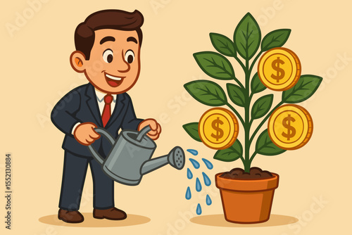 Cartoon businessman watering money tree in flower pot, financial investment growth, wealth management, saving, funding success, economic prosperity, money plant metaphor, finance concept vector