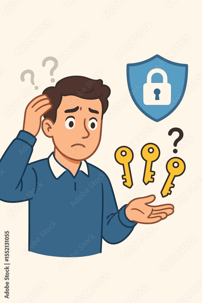 Confused man choosing correct security key for account protection and password recovery. Cartoon vector concept of decision making, online safety, data access, cyber security, identity authentication Confused man choosing correct security key for account protection and password recovery. Cartoon vector concept of decision making, online safety, data access, cyber security, identity authentication