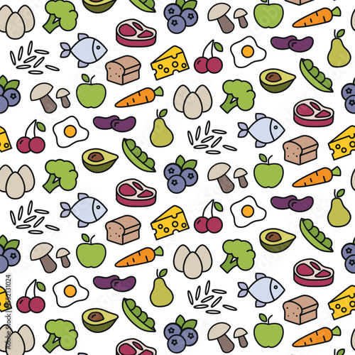 Colorful pattern background with food. Blueberries, meat, fish, egg, bread, apple and others on a white background