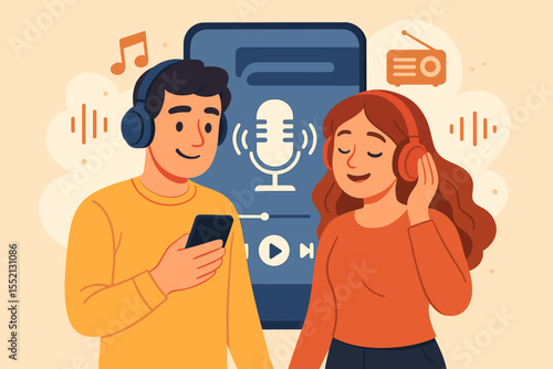 Young couple listening to podcasts and online radio shows together, relaxing with headphones, streaming audio content on mobile app, modern digital entertainment vector illustration