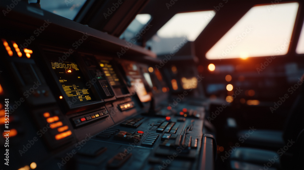 Naklejka premium Aircraft Cockpit at Sunset with Control Panels 