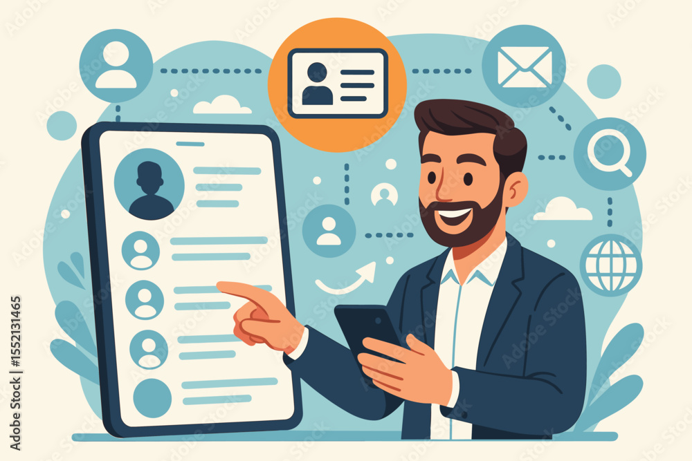 Digital contact management for business networking. Professional using smartphone and tablet for organizing contacts, communication, online profile, CRM, modern technology, vector illustration Digital contact management for business networking. Professional using smartphone and tablet for organizing contacts, communication, online profile, CRM, modern technology, vector illustration