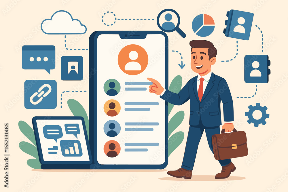 Business Networking and Contact Management System Concept. Digital Tools, Mobile App Interface, Organization, Professional Communication, Data Connection, Workflow. Vector Illustration Business Networking and Contact Management System Concept. Digital Tools, Mobile App Interface, Organization, Professional Communication, Data Connection, Workflow. Vector Illustration