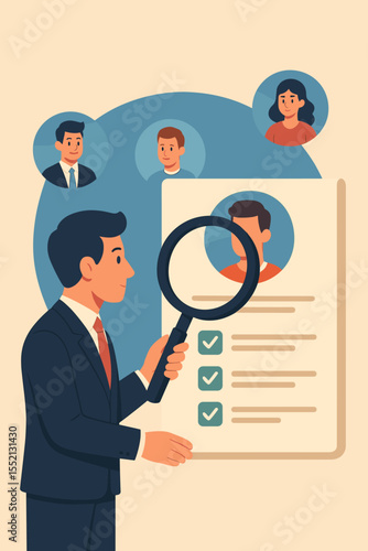Recruitment headhunting candidate search HR process. Businessman analyzing employee resumes with magnifying glass. Human resources selection. Job interview. Hiring vector illustration.
