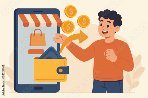 E-commerce cashback refund concept, young man with smartphone receiving money back from online shopping, wallet payment transfer, digital finance, mobile transaction, vector illustration