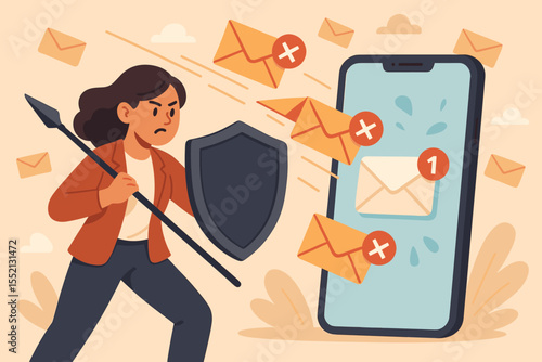 Woman Defending Mobile Device from Spam and Unwanted Emails. Cybersecurity, Email Protection, Digital Security Concept. Shield Blocking Junk Mail, Anti-Spam, Secure Communication. Vector Illustration